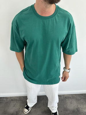 Mercan Yeşil Fırçalı Kumaş Oversize T-Shirt