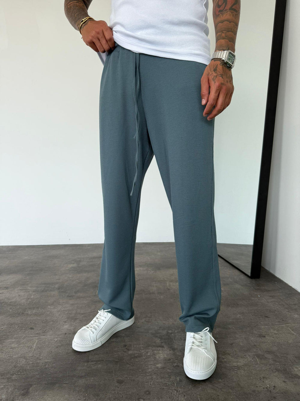 Petrol Mavi Fitilli Baggy Pantolon