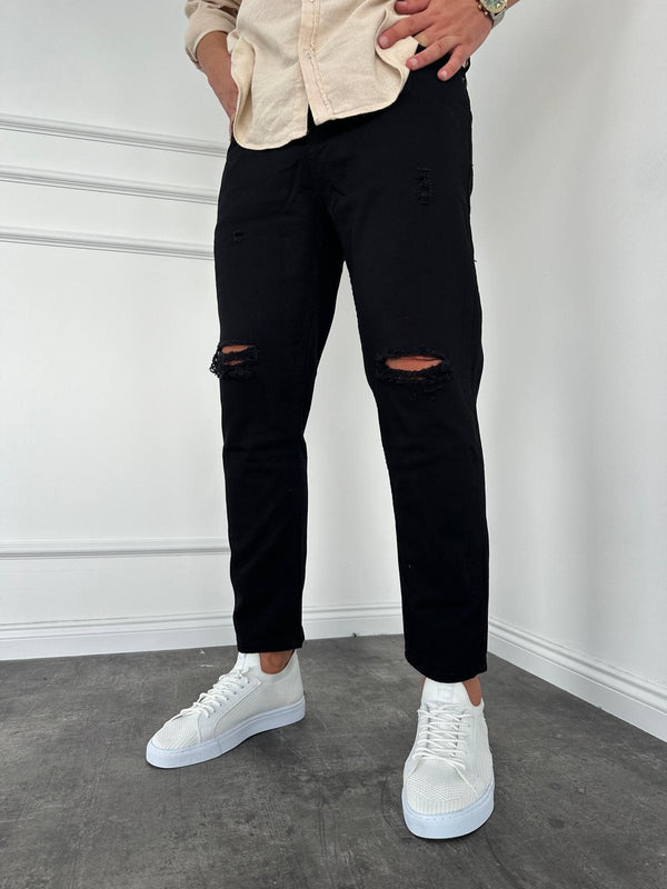 Siyah Dizi Yırtık Boyfriend Jean