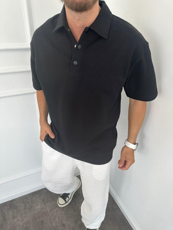 Siyah Düğme Detaylı Polo Yaka T-Shirt