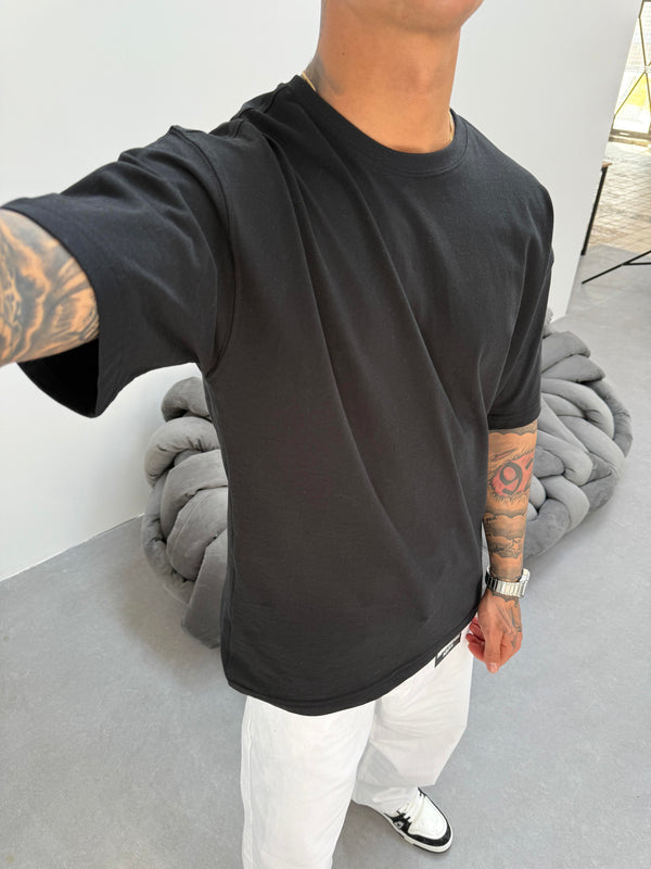 Siyah Fırçalı Kumaş Oversize T-Shirt