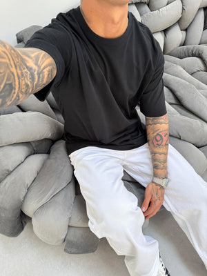 Siyah Fırçalı Kumaş Oversize T-Shirt