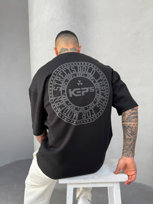 Siyah Kabartma Baskılı Oversize T-Shirt
