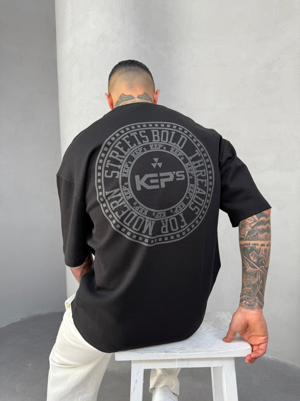 Siyah Kabartma Baskılı Oversize T-Shirt