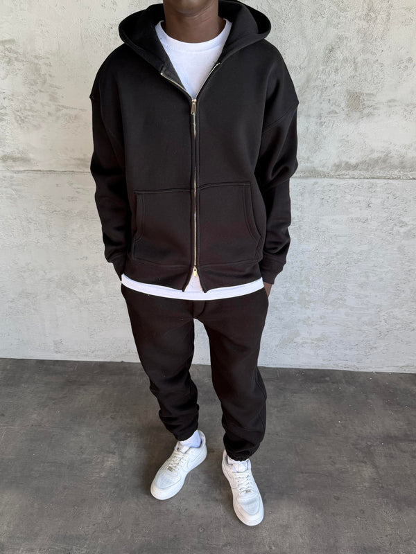 Siyah Kapüşonlu Fermuarlı Sweatshirt