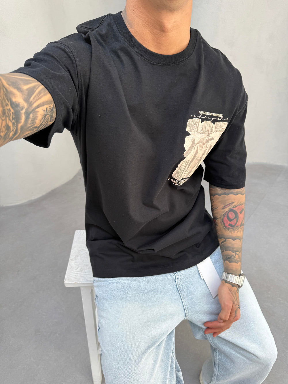 Siyah Oversize Baskılı T-Shirt