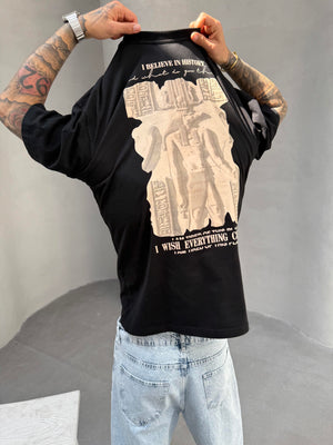 Siyah Oversize Baskılı T-Shirt