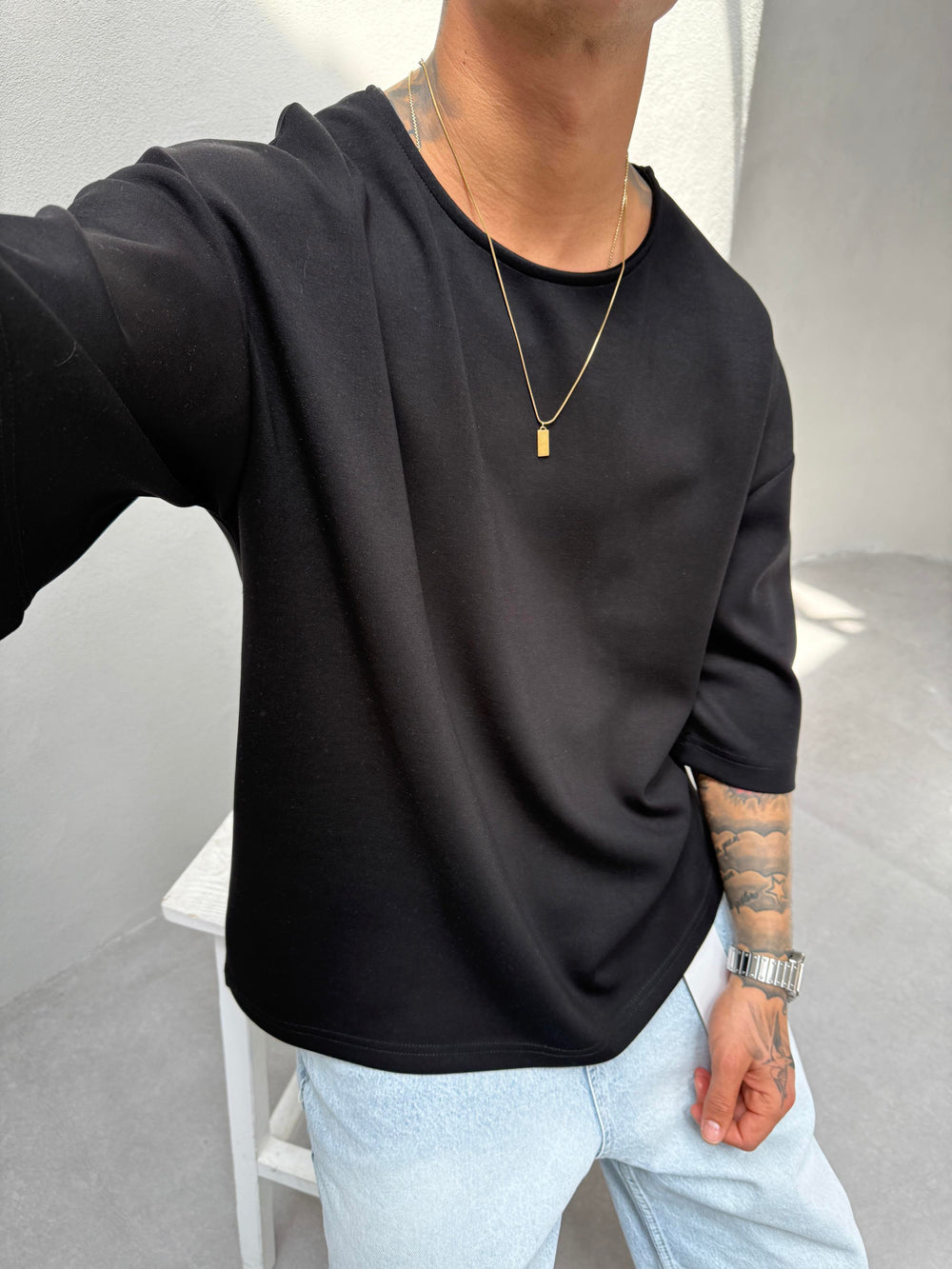Siyah Oysho Kumaş Fakir Kol T-Shirt