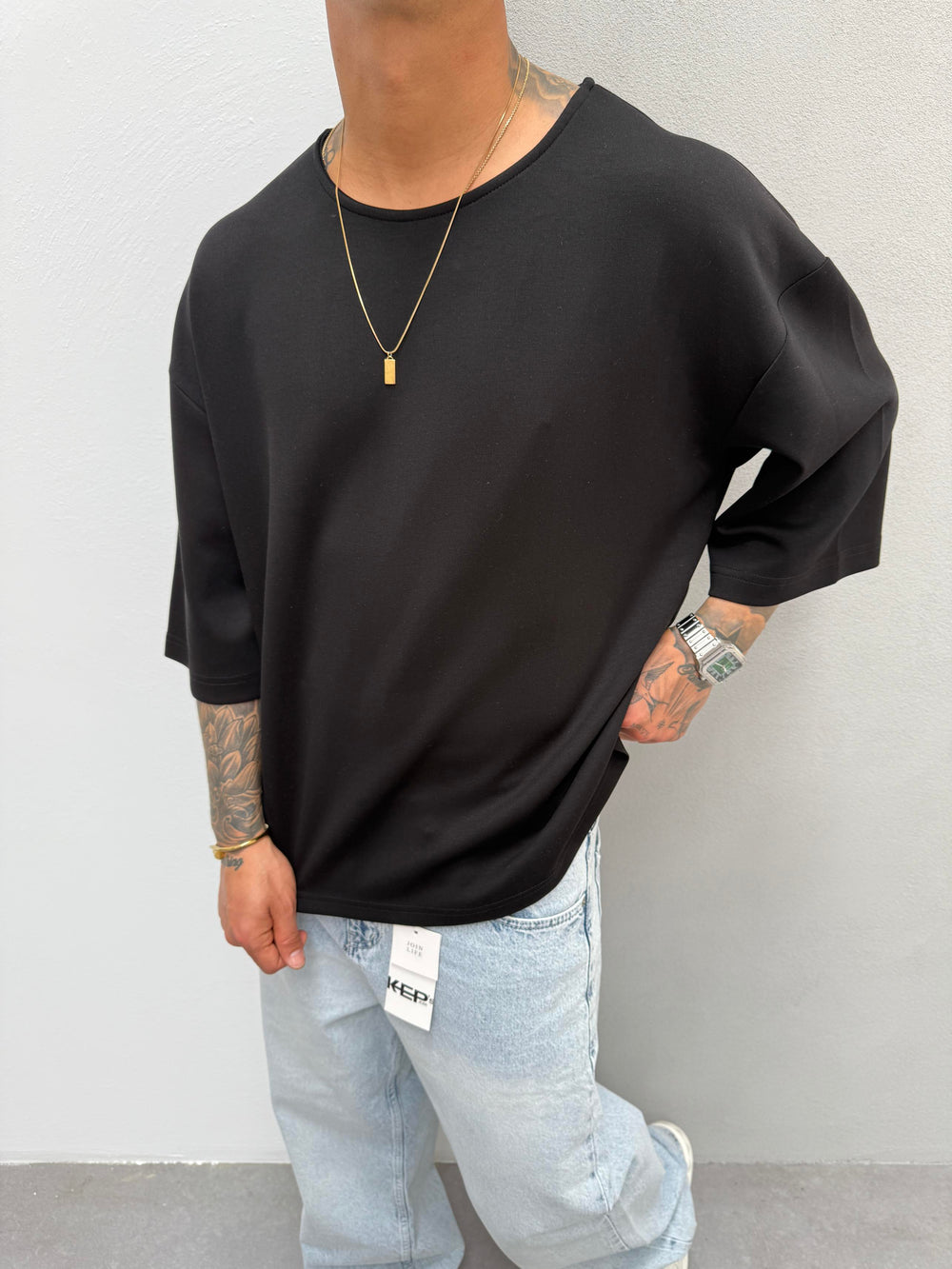 Siyah Oysho Kumaş Fakir Kol T-Shirt