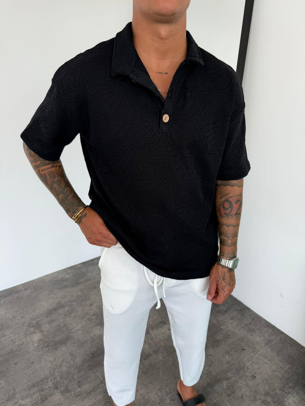Siyah Polo Yaka Örme Triko T-Shirt