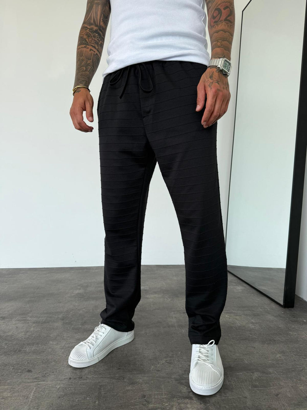 Siyah Yatay Çizgili Baggy Eşofman