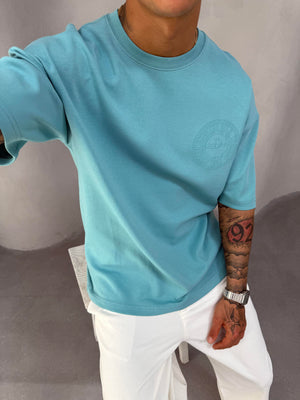 Turkuaz Kabartma Baskılı Oversize T-Shirt