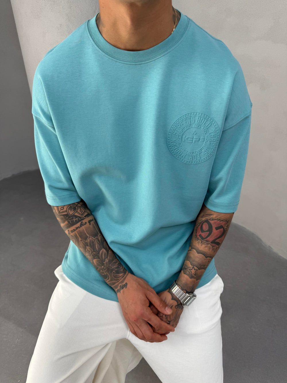 Turkuaz Kabartma Baskılı Oversize T-Shirt