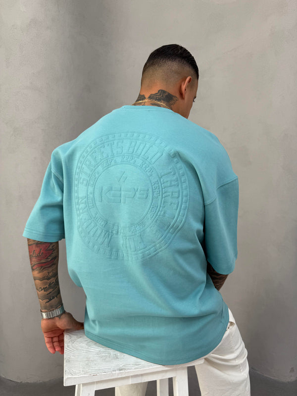 Turkuaz Kabartma Baskılı Oversize T-Shirt