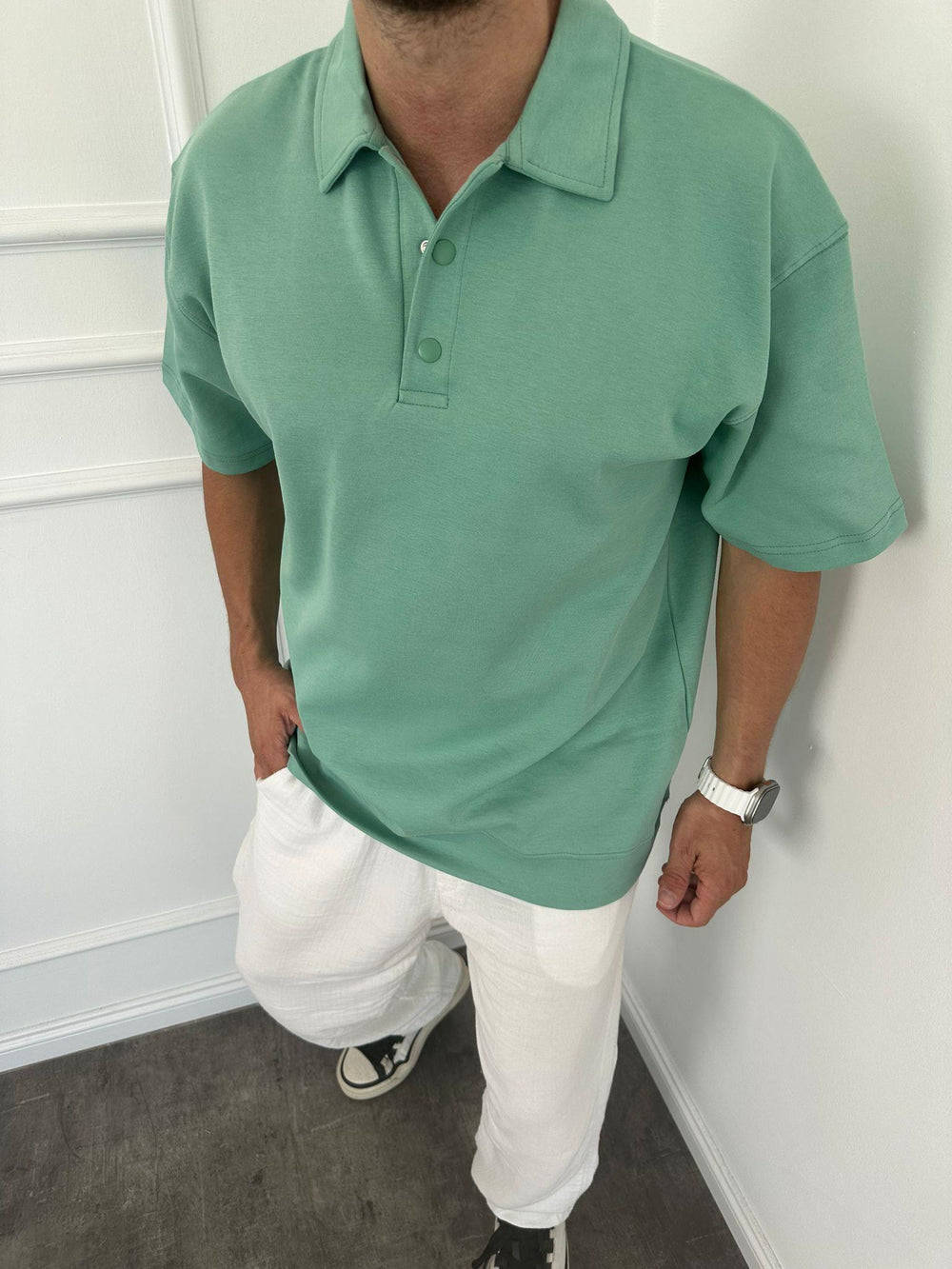 Yeşil Düğme Detaylı Polo Yaka T-Shirt