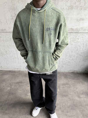 Yeşil Yıkamalı Kapüşonlü Nakış Detaylı Sweatshirt