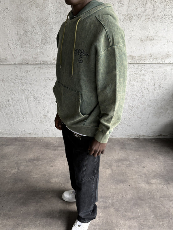 Yeşil Yıkamalı Kapüşonlü Nakış Detaylı Sweatshirt