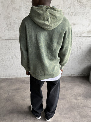 Yeşil Yıkamalı Kapüşonlü Nakış Detaylı Sweatshirt