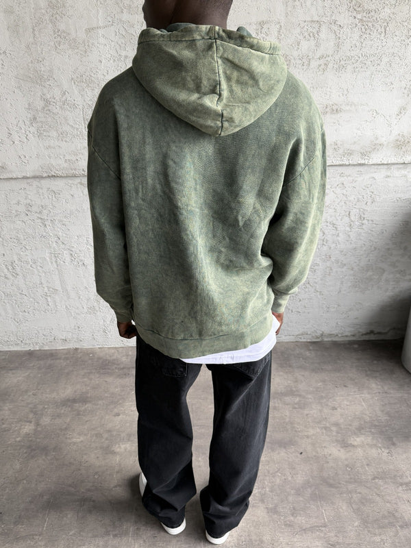 Yeşil Yıkamalı Kapüşonlü Nakış Detaylı Sweatshirt