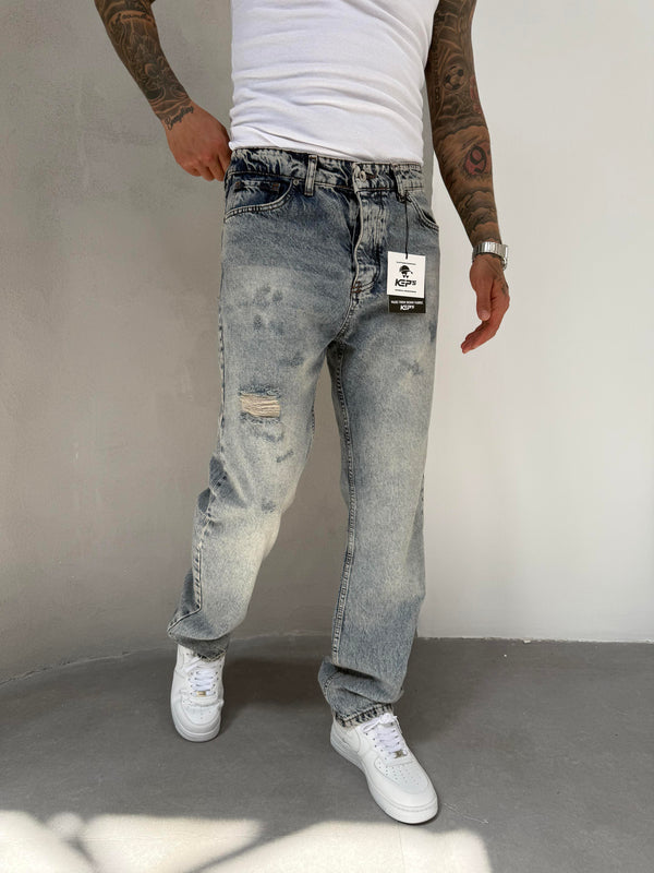 Yıkamalı Lazerli Baggy Jean