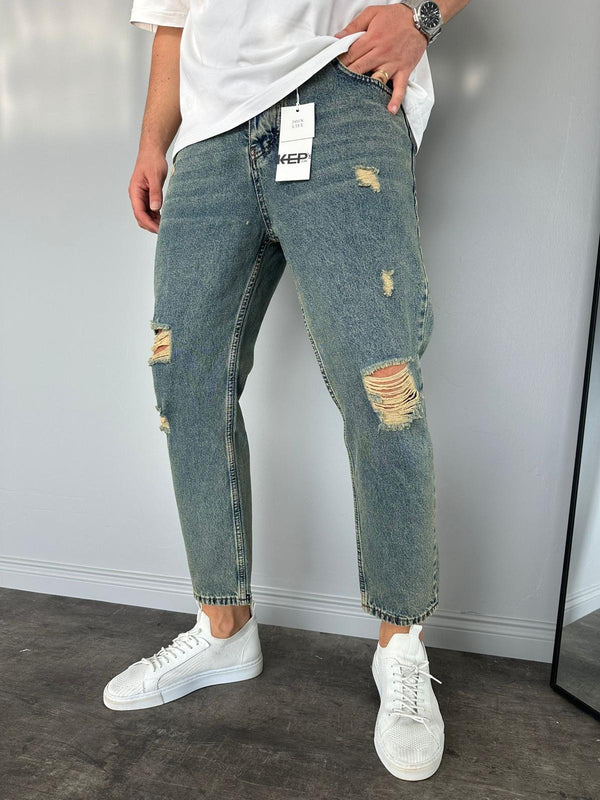 Yıkamalı Yırtıklı Boyfriend Jean