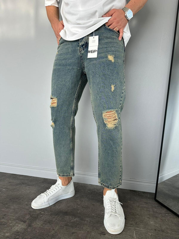 Yıkamalı Yırtıklı Boyfriend Jean