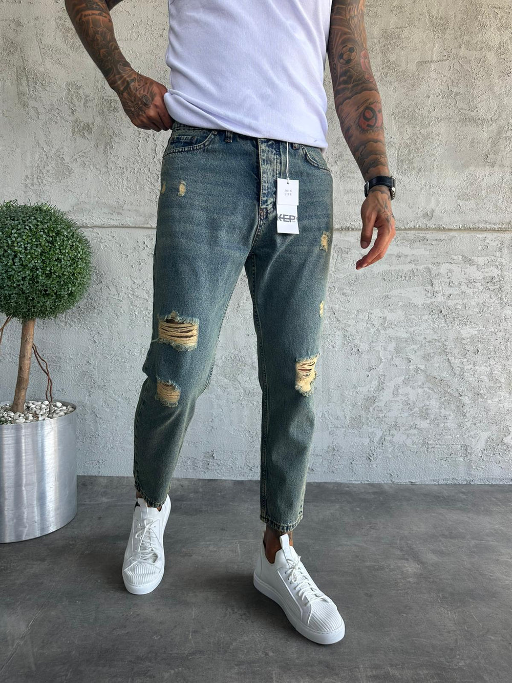 Yıkamalı Yırtıklı Boyfriend Jean