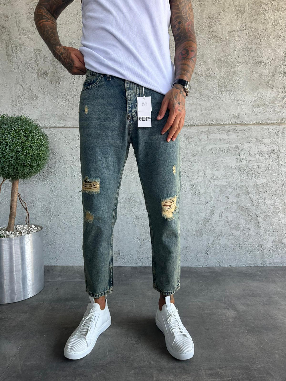 Yıkamalı Yırtıklı Boyfriend Jean