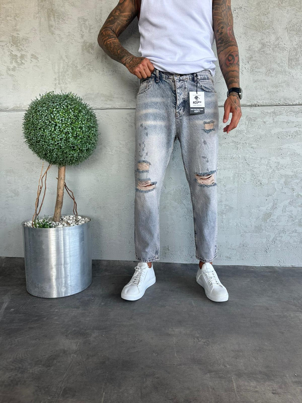 Yıkamalı Yırtıklı Boyfriend Jean